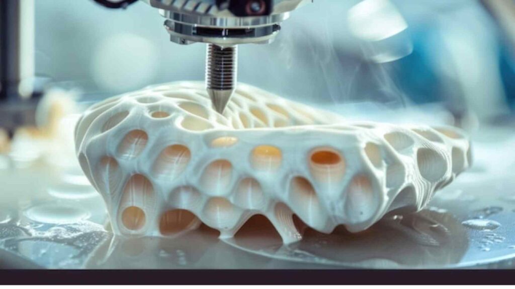 3D printer producing a medical implant, laboratory environment, close-up of printed structure