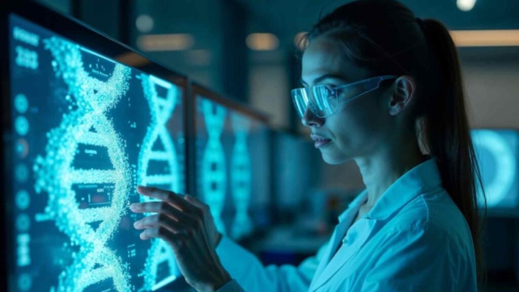 laboratory DNA sequencer in action, DNA strand illustration, scientist analysing data on monitor