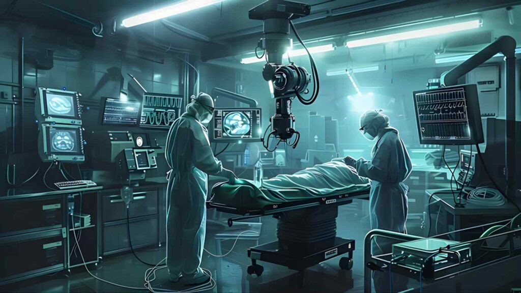 operating theatre with robotic surgical arm, surgeon controlling via console, high-tech setting