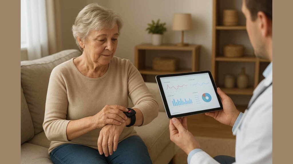 patient at home wearing a health monitoring wearable, clinician viewing dashboard on tablet, living room setting