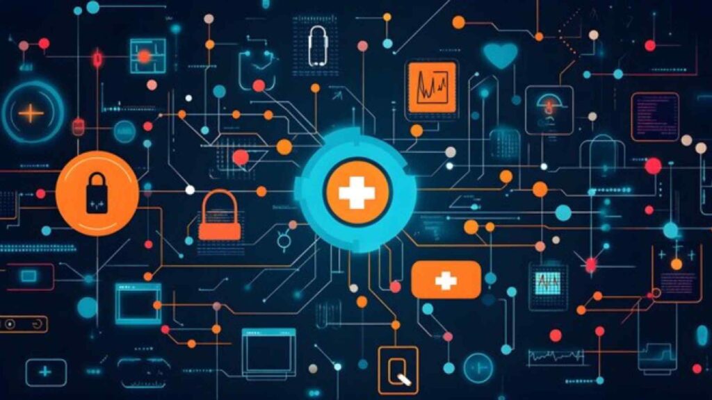 stylised illustration of healthcare data network, lock icon, blockchain symbols, digital background