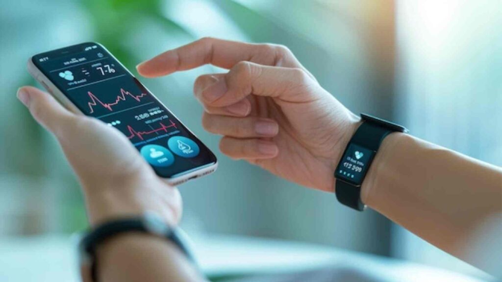 wearable health sensor strap on wrist streaming data to smartphone app, concept of continuous monitoring