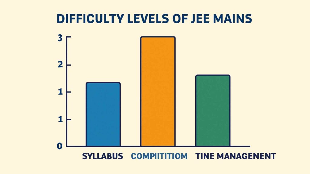 Is JEE Mains Tough? Ultimate Guide for 2026 3 Bar chart comparing difficulty levels of JEE Mains across syllabus, competition, and time management.