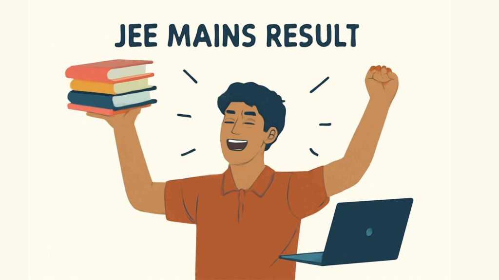 How Many Attempts for JEE Mains: Complete Guide for 2026 5 celebrating with books and laptop after seeing JEE Mains result, showing joy and accomplishment