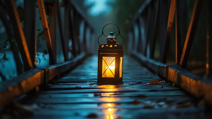 wooden bridge with lantern it bridge is forest it is dark outside lantern is only source light 14117 94694